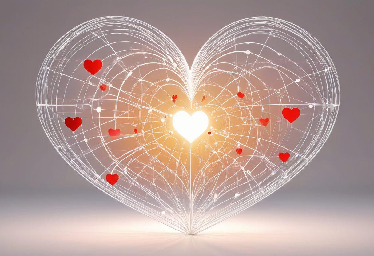 A heart-shaped digital network made of glowing lines and nodes, symbolizing online connections. Include diverse couples communicating through their devices, surrounded by symbols of love like hearts and chat bubbles. Soft, warm colors to evoke a feeling of intimacy and connection. super-realistic. vibrant colors. white background.