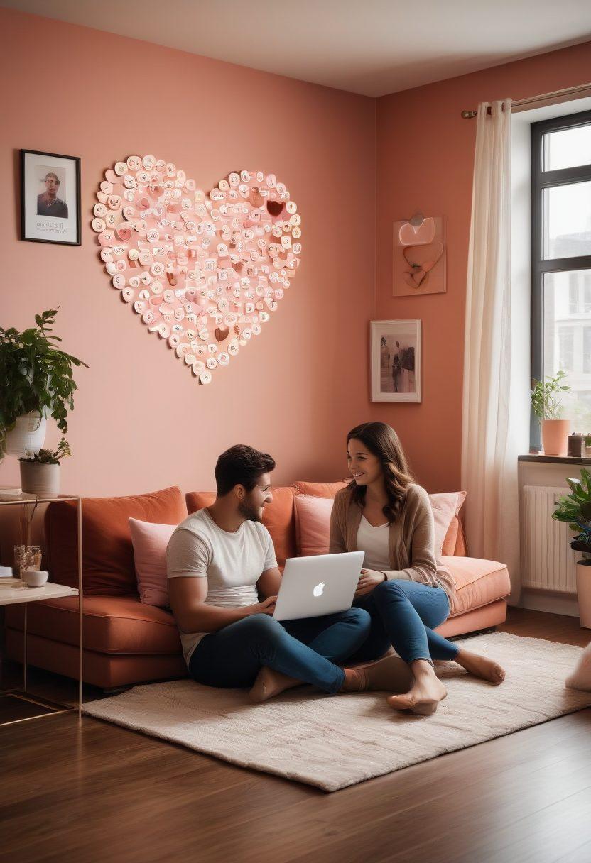 A couple engaging in a video call on a laptop, surrounded by heart-shaped icons and digital messaging symbols, with a warm, cozy atmosphere. The scene is set in a stylish living room, illuminated with soft, romantic lighting. Include elements that suggest tips and advice, like sticky notes or a diary nearby. Emphasize a sense of connection and modern romance. super-realistic. warm colors. contemporary style.