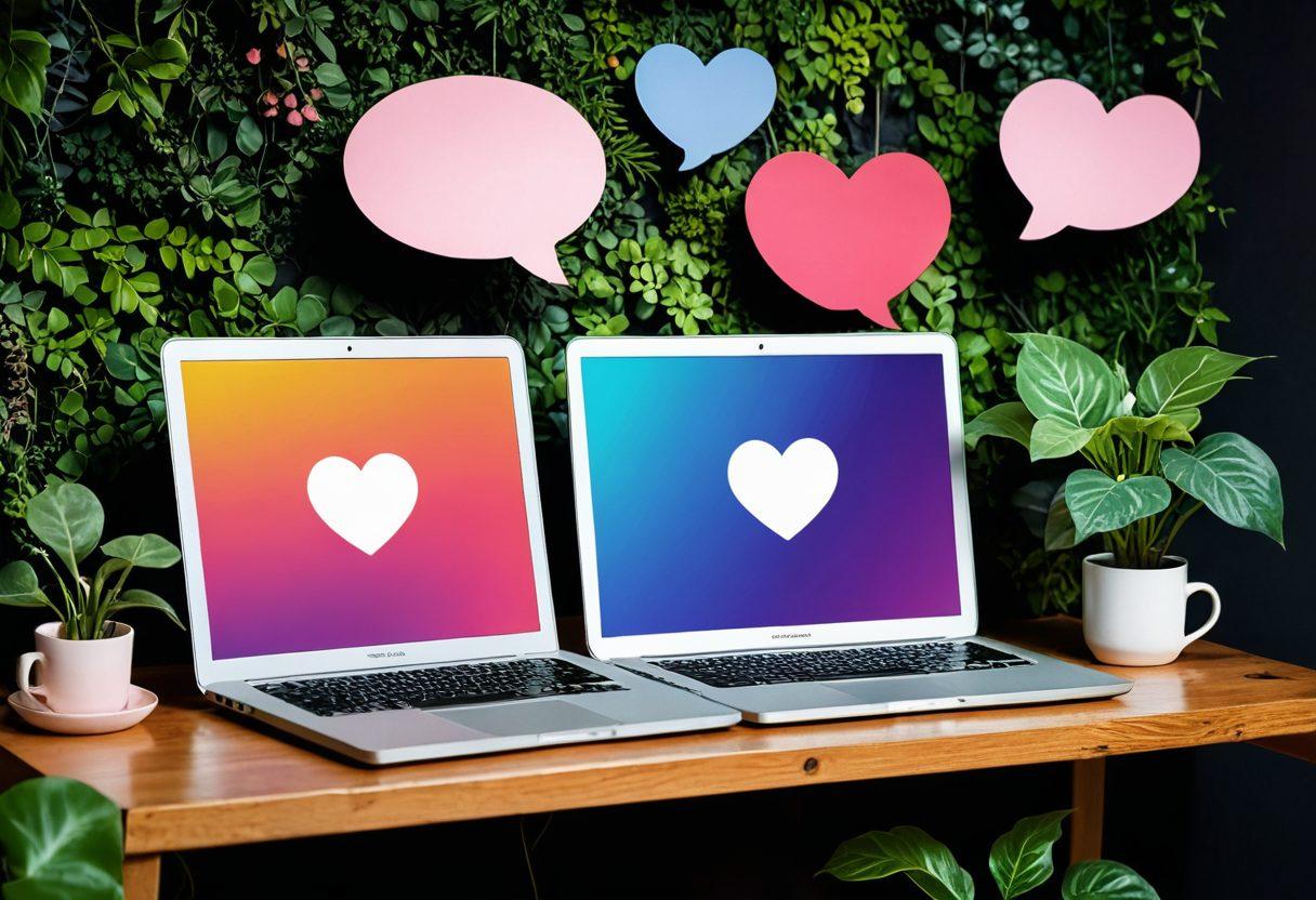 A cozy digital space featuring two brightly colored chat bubbles, intertwining with hearts and symbols of connection. Background elements include a laptop and smartphone surrounded by plants, symbolizing growth in online friendships that blossom into intimacy. The atmosphere is warm and inviting, with soft lighting and pastel colors to evoke a sense of comfort and trust. playful textures blend seamlessly to create an engaging scene. vibrant colors. modern digital art.